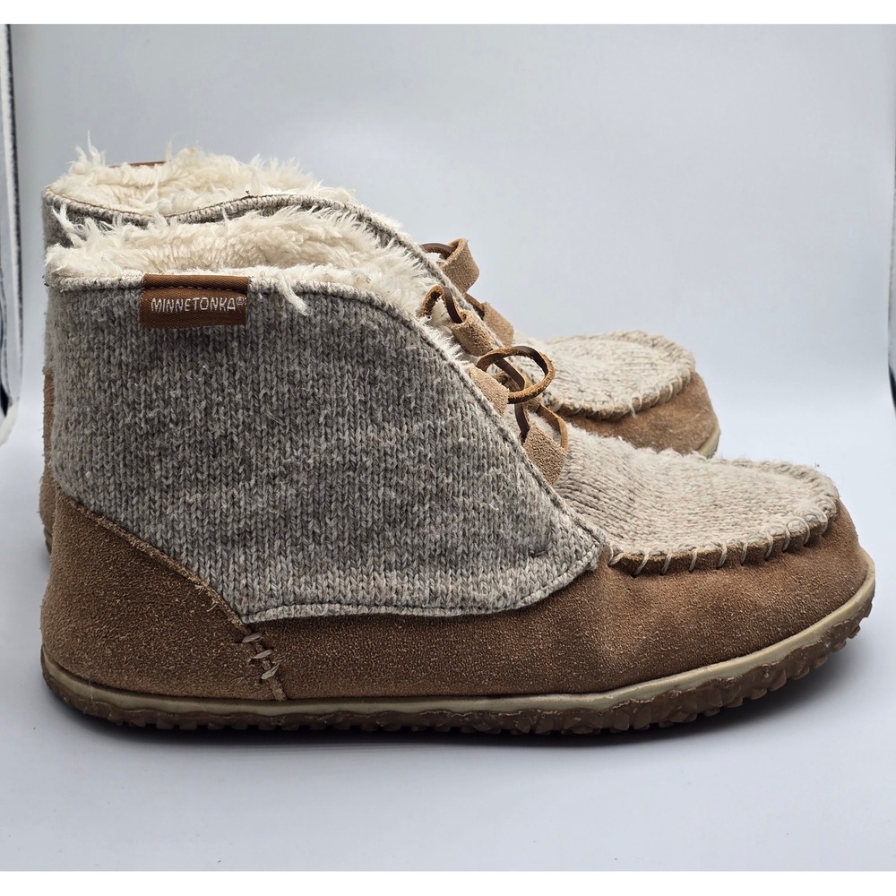 Minnetonka Women's Torrey 10 Tan Knit Suede Moccasin Ankle Boots Faux Fur Lined - Picture 2 of 12